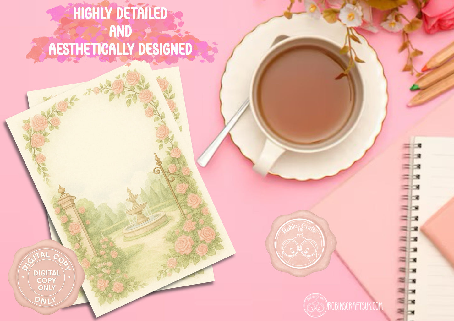 Tea cup with saucer, notebook, and floral stationery on a pink background