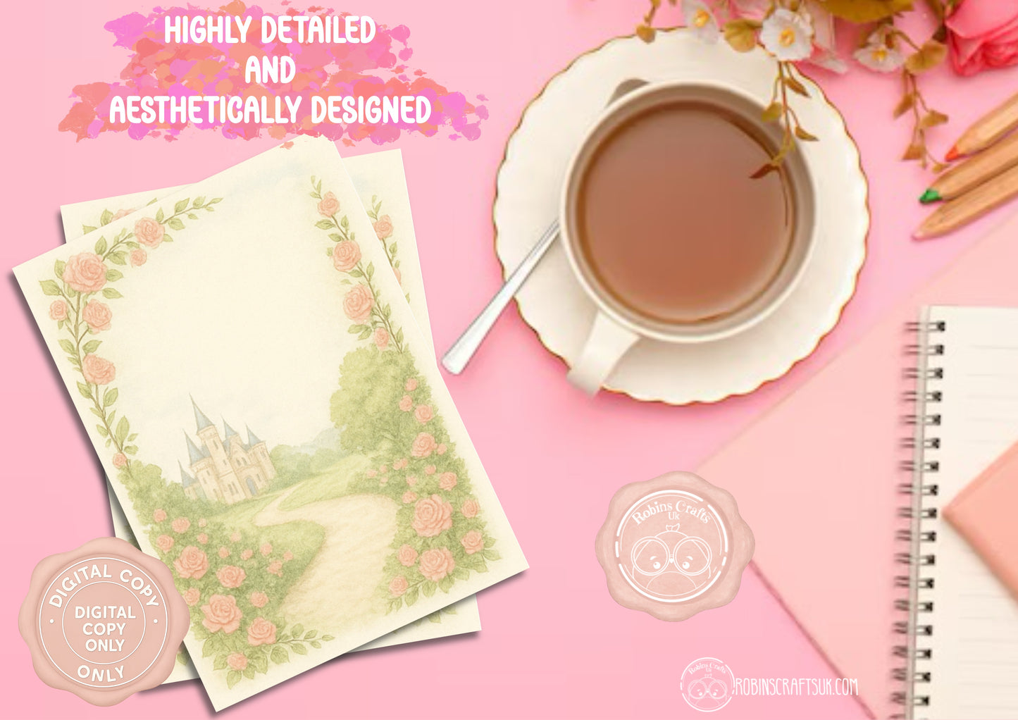 Tea cup with saucer, notebook, and floral stationery on a pink background