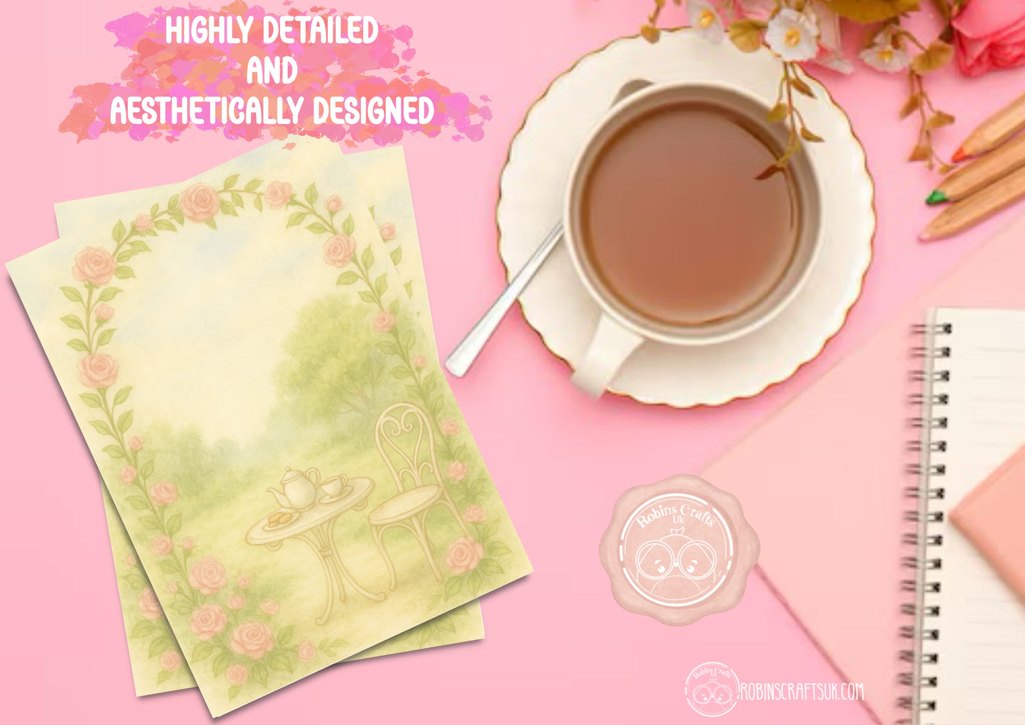 Tea cup with saucer, notebook, and floral stationery on a pink background