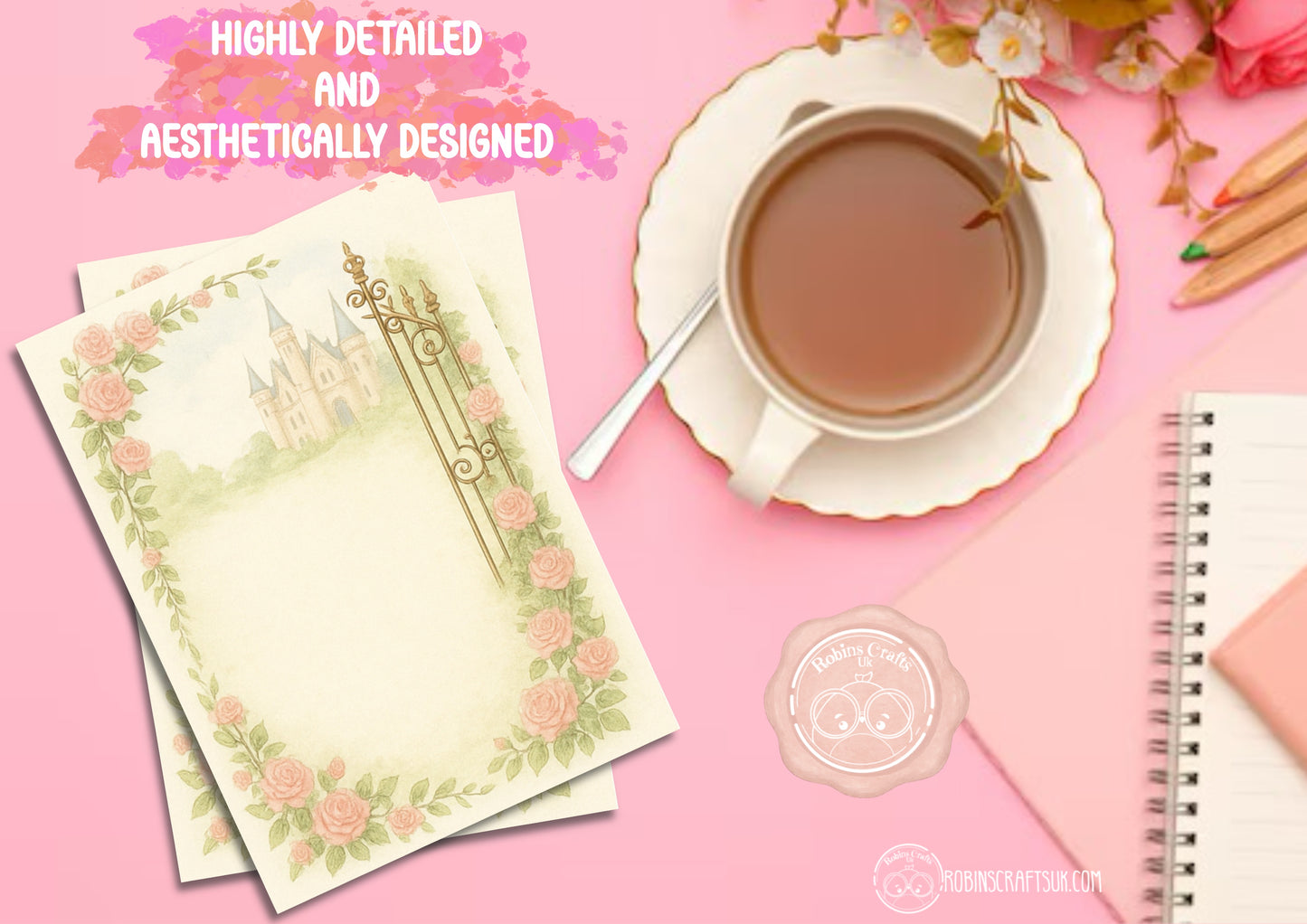 Tea cup with saucer, floral notepad, and notebook on a pink background