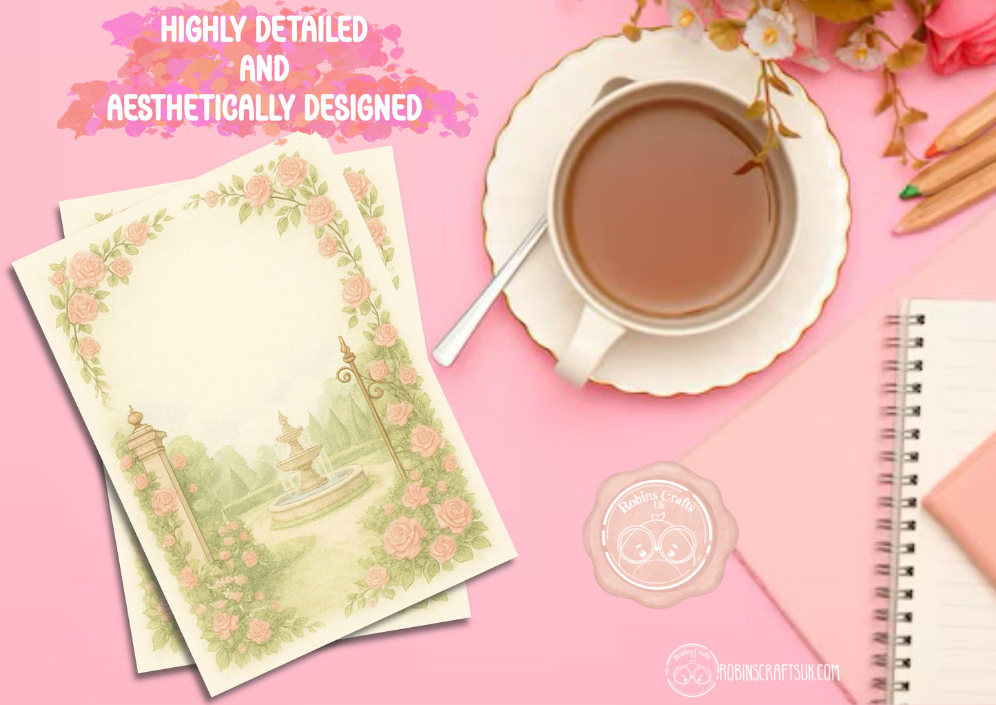 Tea cup with saucer, notebook, and floral stationery on a pink background