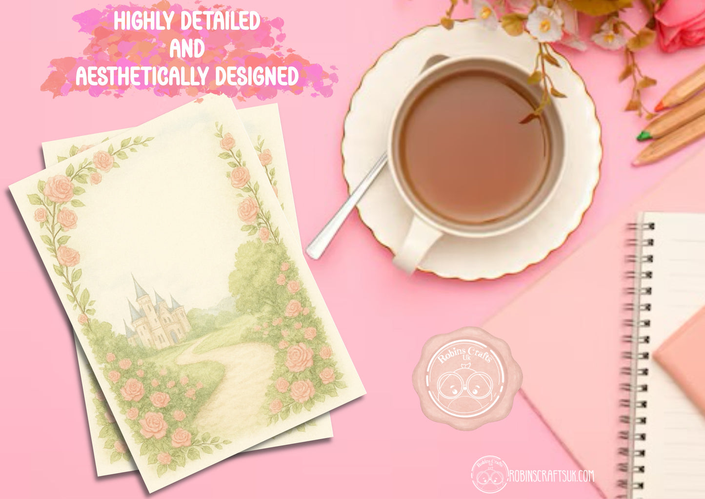 Tea cup with saucer, notebook, and stationery on a pink background