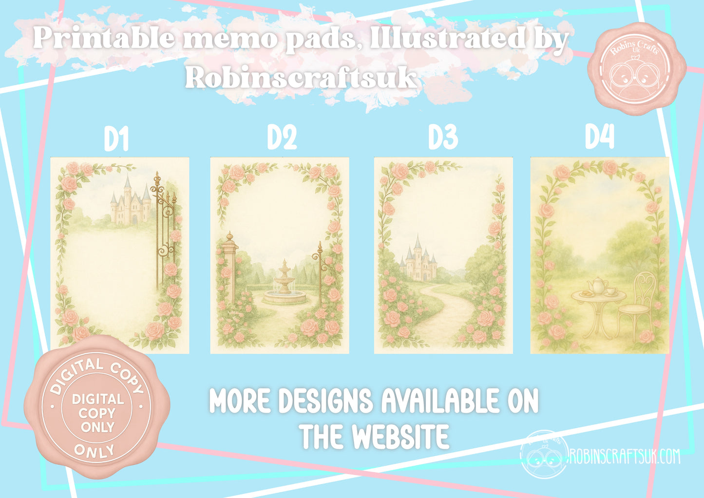 Four illustrated memo pads with decorative borders on a light blue background, featuring the brand 'Robinscraftsuk'.