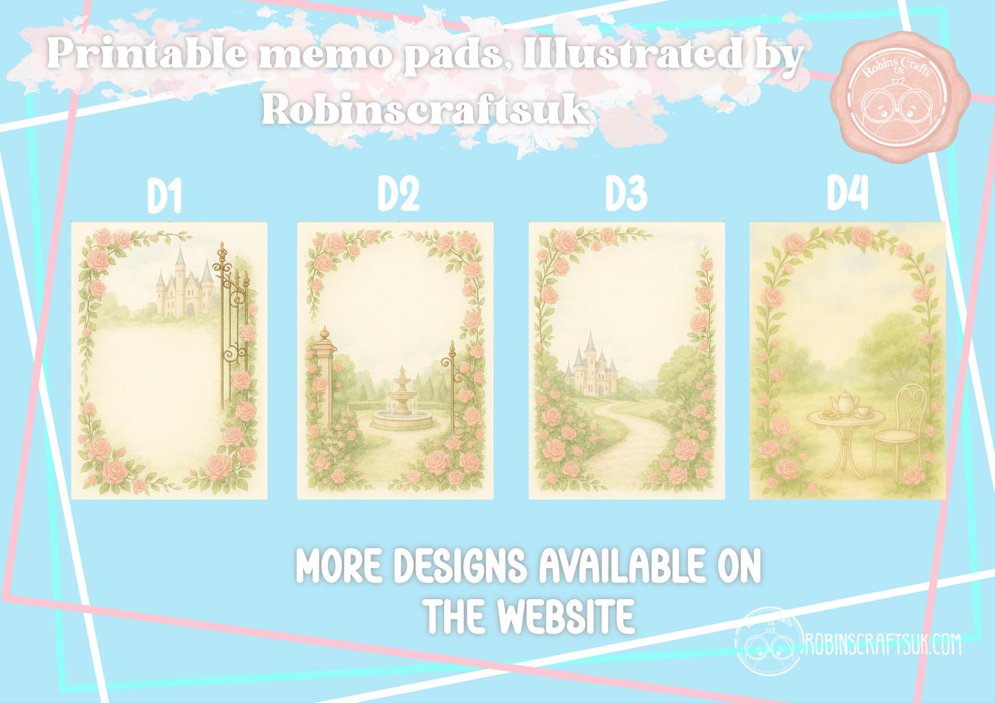 Four illustrated memo pads with decorative designs on a light blue background, featuring text about downloadable designs.