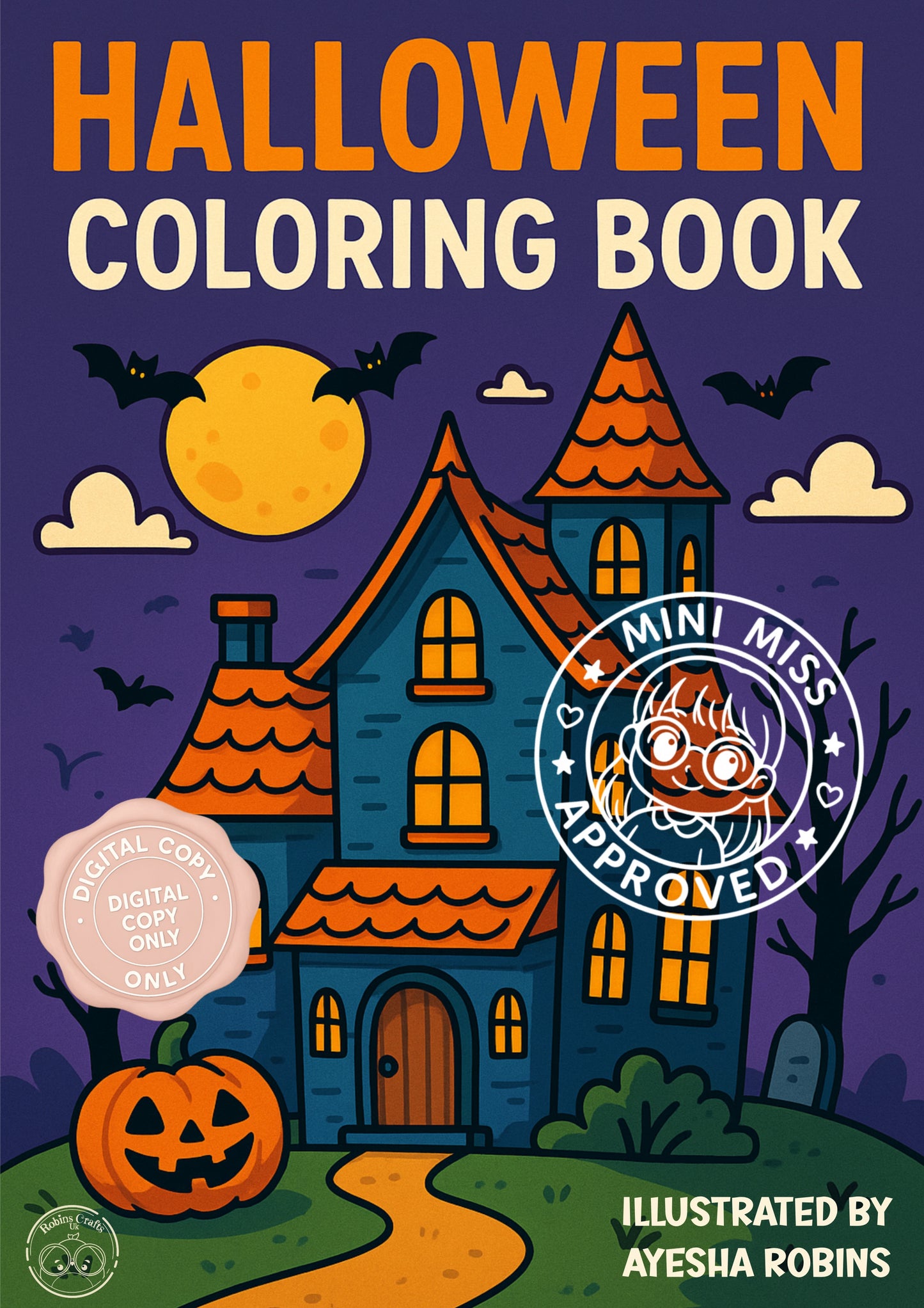 Halloween coloring book cover with a haunted house, pumpkin, and moon.