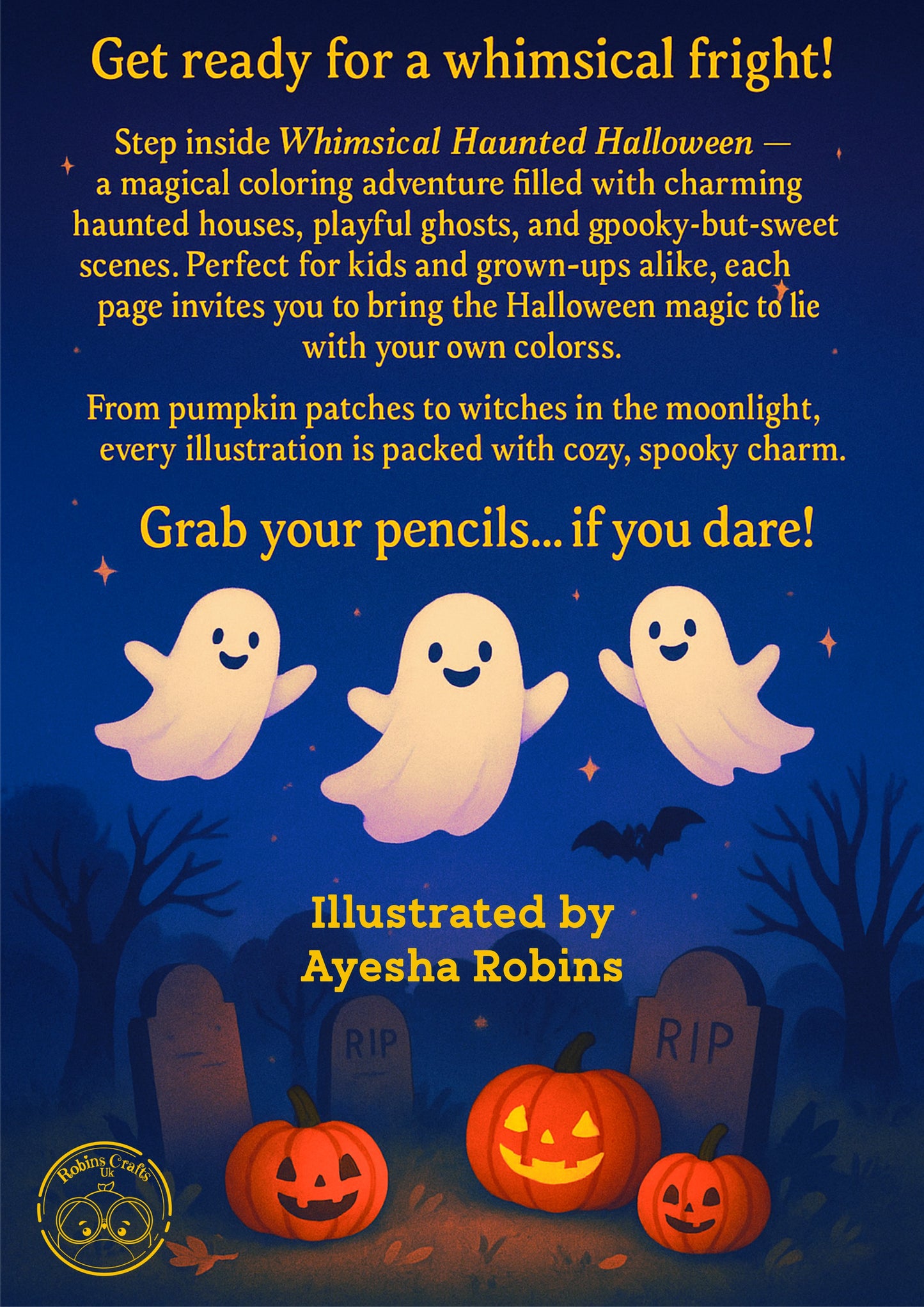 Cover of 'Whimsical Haunted Halloween' coloring book with ghosts, pumpkins, and tombstones on a dark blue background.