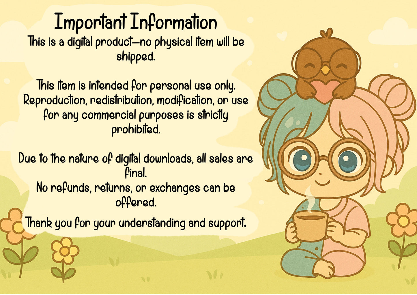 ayesha, a chibi character, and Robbie, a robin, are depicted on their heads with a cup, surrounded by text about digital product usage. on their head and a cup, surrounded by text about digital product usage.