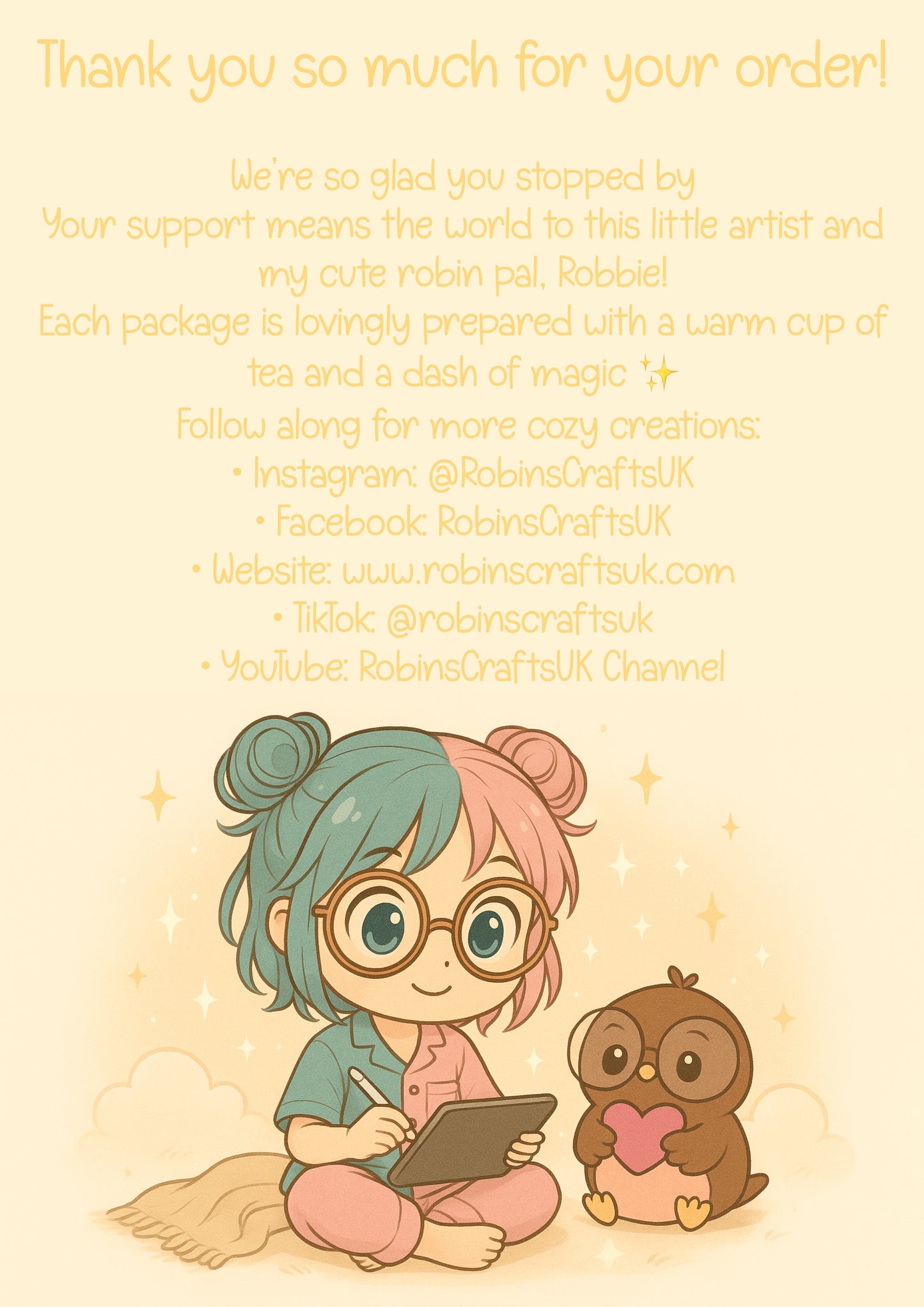 Cartoon character with glasses and teal hair, holding a tablet, with a small owl holding a heart, on a light yellow background with text.