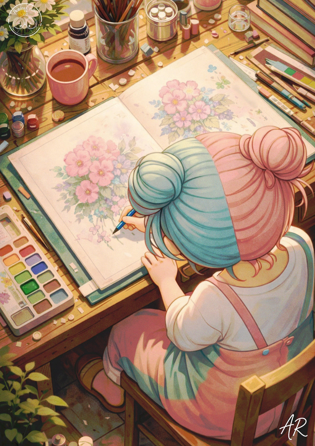Soft, cosy illustration of an artist with pastel hair painting floral artwork at a sunlit desk, surrounded by paints, brushes, and creative tools.
