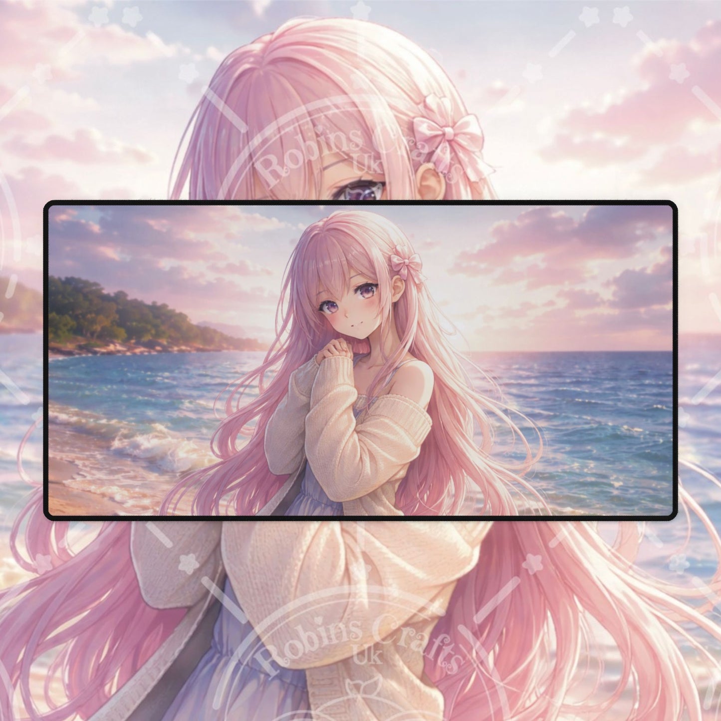 Anime Beach Girl Desk Mat — Pastel Pink Aesthetic Gaming Mousepad