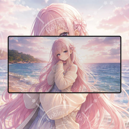 Anime Beach Girl Desk Mat — Pastel Pink Aesthetic Gaming Mousepad