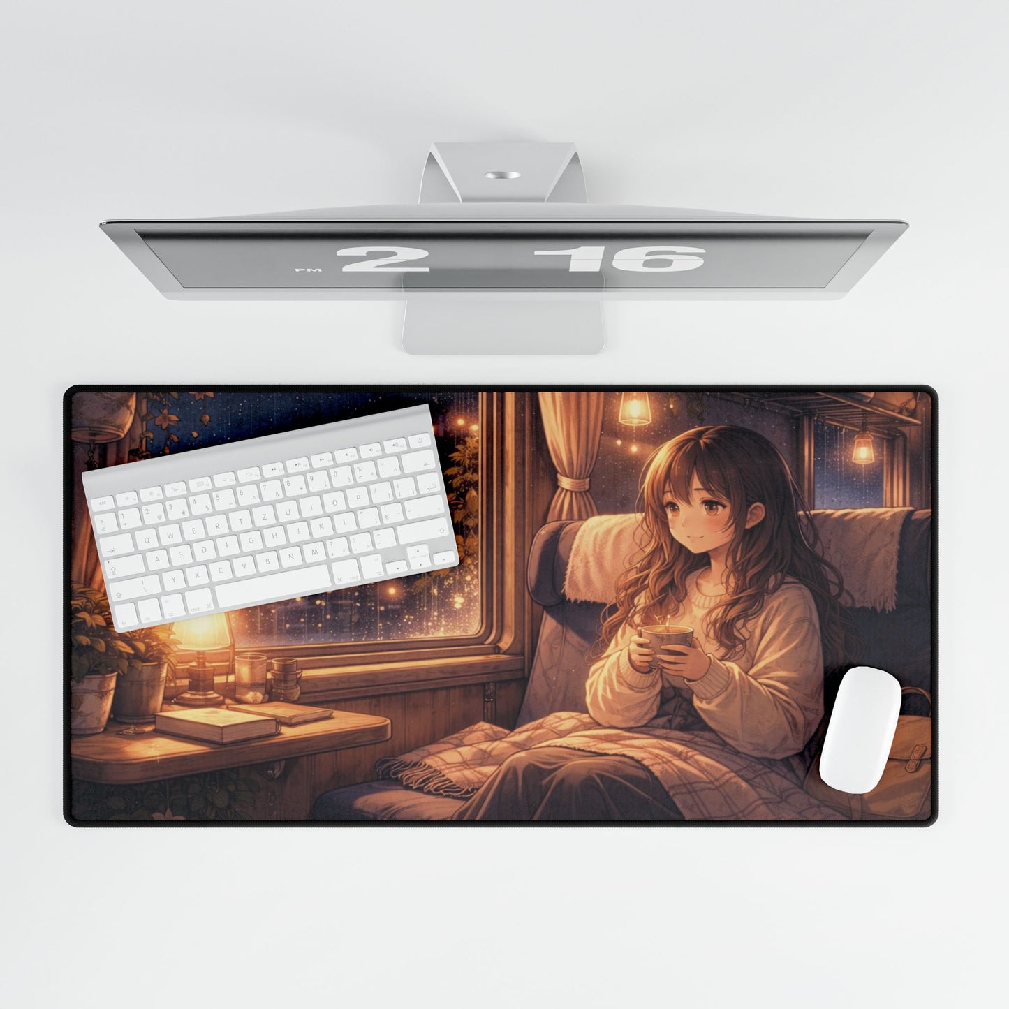 Cozy Night Train Anime Desk Mat — Girl by Window Gaming Mouse Pad