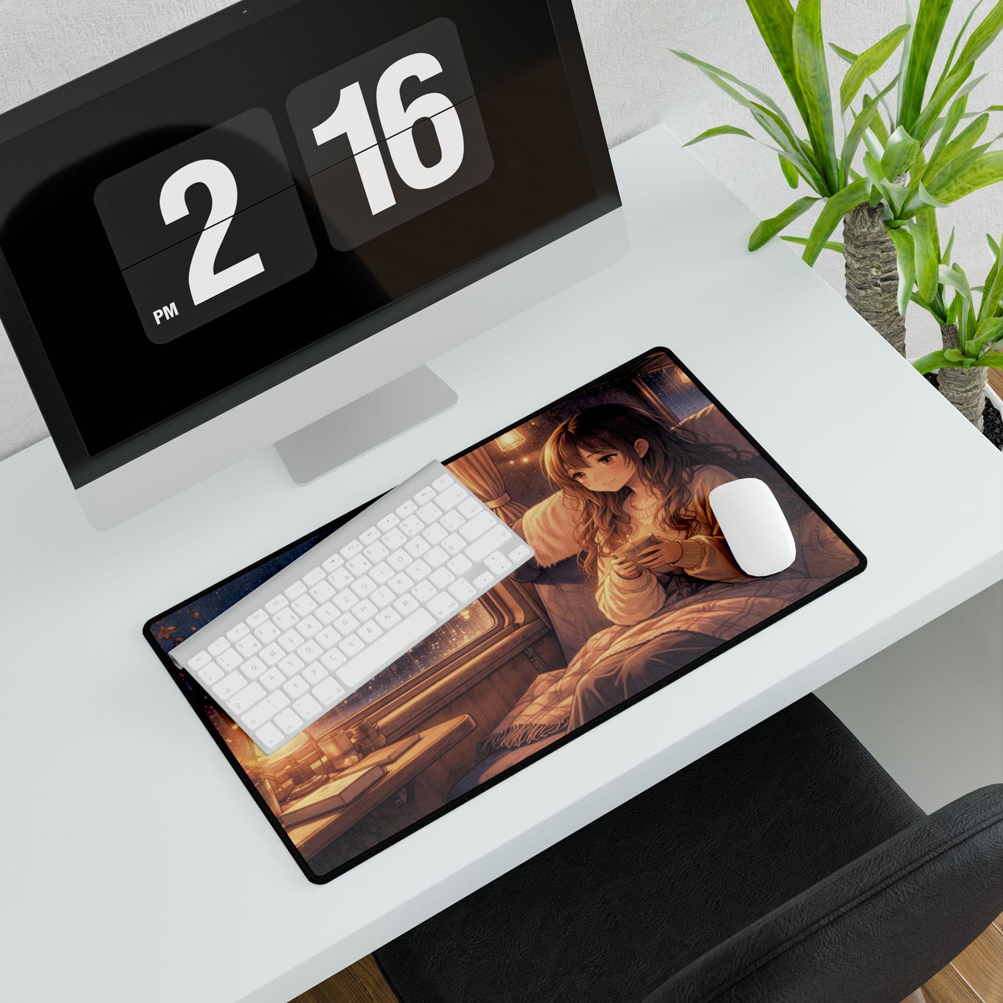 Cozy Night Train Anime Desk Mat — Girl by Window Gaming Mouse Pad