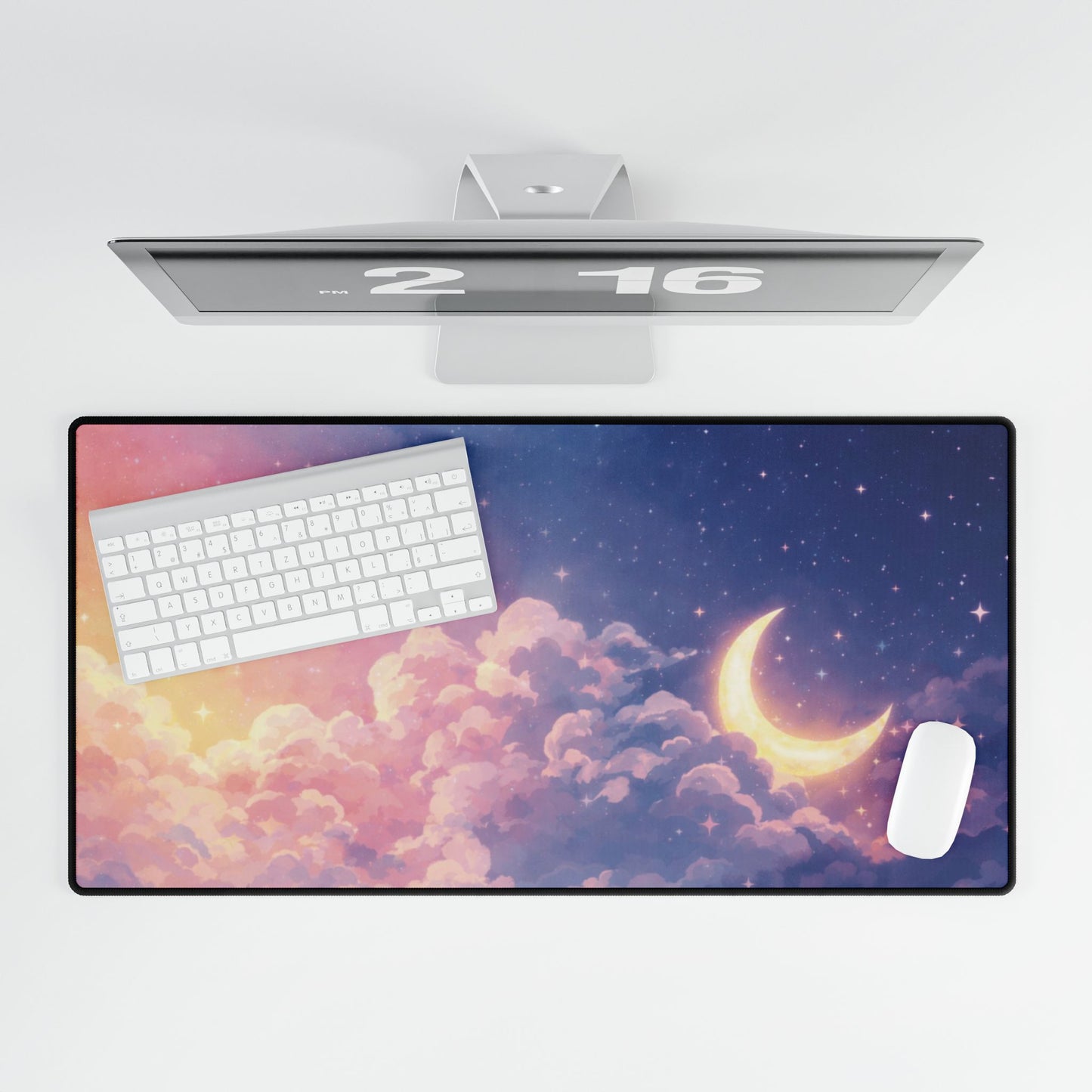 Celestial Moon & Clouds Desk Mat — Pastel Galaxy Gaming/Office Mouse Pad