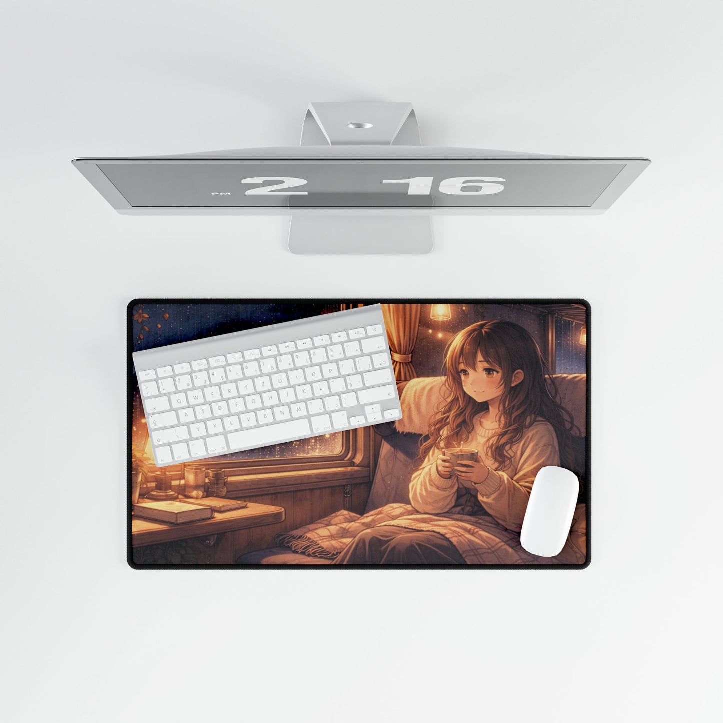 Cozy Night Train Anime Desk Mat — Girl by Window Gaming Mouse Pad