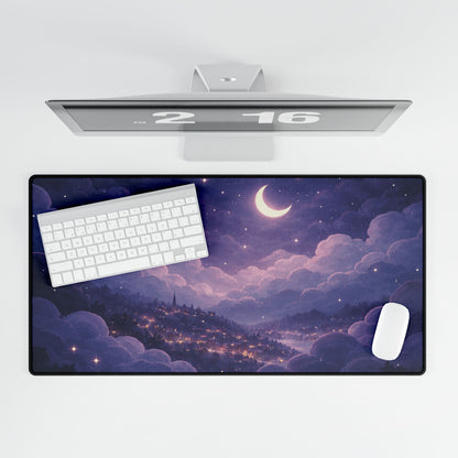 Moonlit Village Desk Mat — Dreamy Night Sky Gaming/Work Mouse Pad