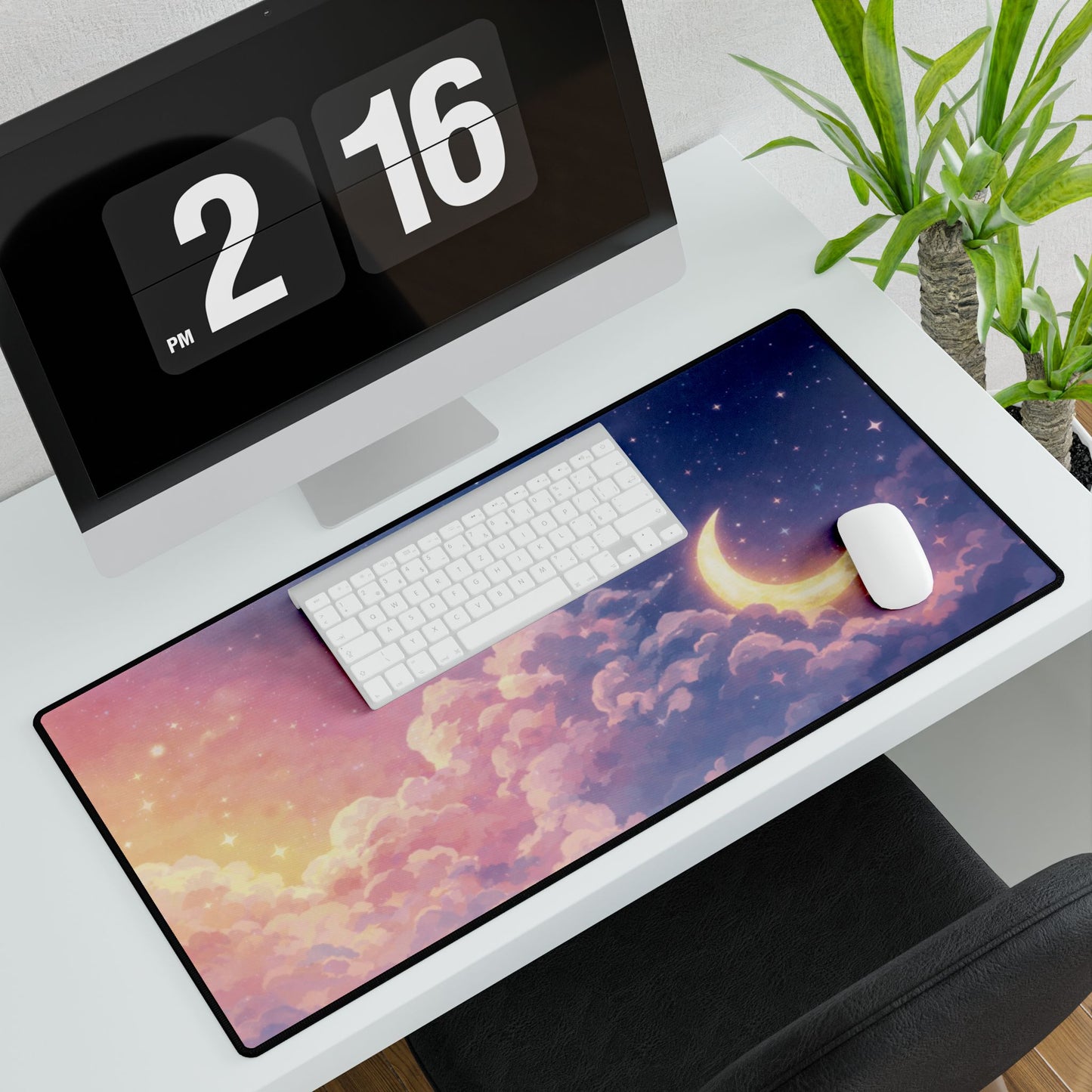 Celestial Moon & Clouds Desk Mat — Pastel Galaxy Gaming/Office Mouse Pad