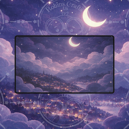 Moonlit Village Desk Mat — Dreamy Night Sky Gaming/Work Mouse Pad