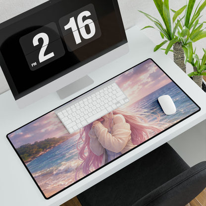 Anime Beach Girl Desk Mat — Pastel Pink Aesthetic Gaming Mousepad