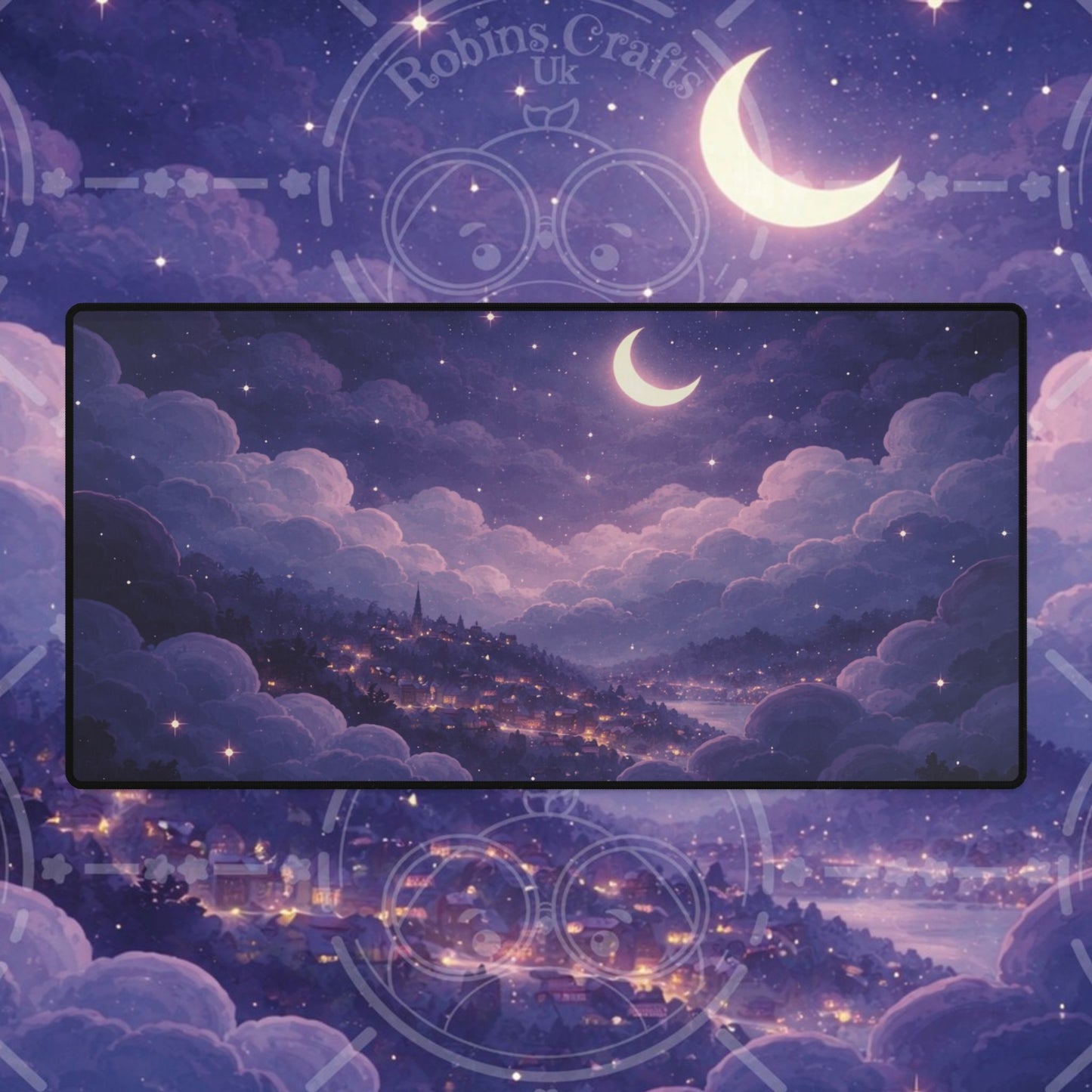 Moonlit Village Desk Mat — Dreamy Night Sky Gaming/Work Mouse Pad