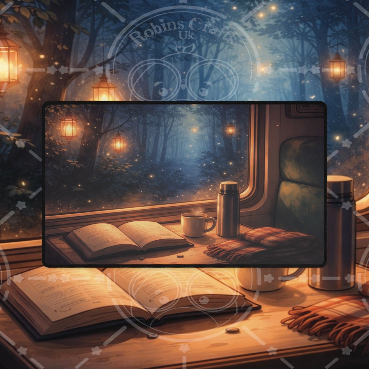 Cozy Night Train Desk Mat — Reading, Coffee & Window Scenery Mouse Pad