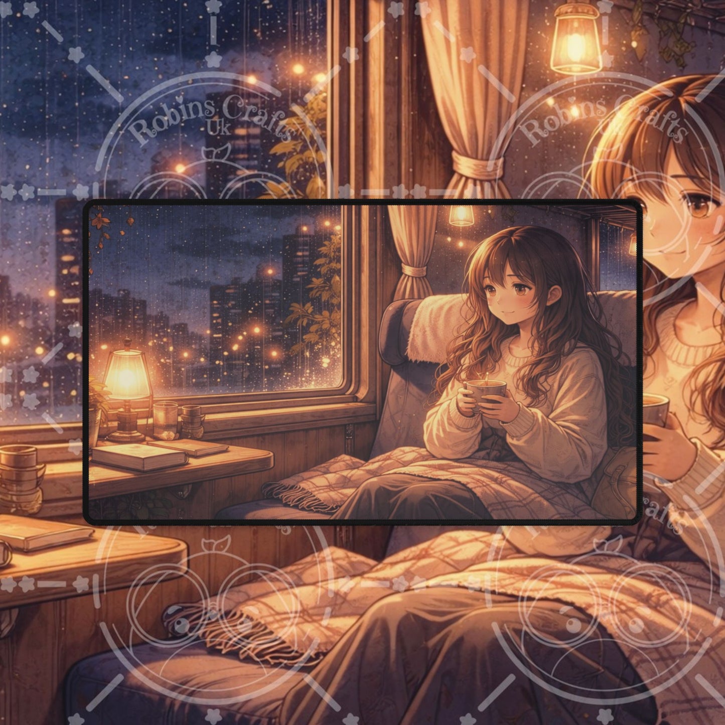 Cozy Night Train Anime Desk Mat — Girl by Window Gaming Mouse Pad