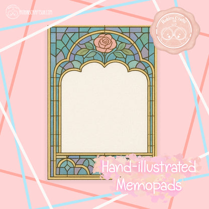 Stained Glass Rose Memo Pad –Tear-Away Notepad | Gothic Arch Stationery | Hand-Illustrated Aesthetic Paper