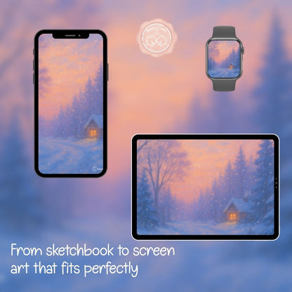 Winter cabin wallpaper – illustrated Digital Wallpaper Download | Art wallpaper