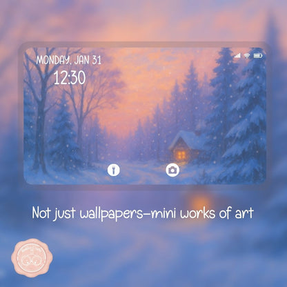 Winter cabin wallpaper – illustrated Digital Wallpaper Download | Art wallpaper
