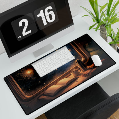 Cozy Night Train Desk Mat — Reading, Coffee & Window Scenery Mouse Pad