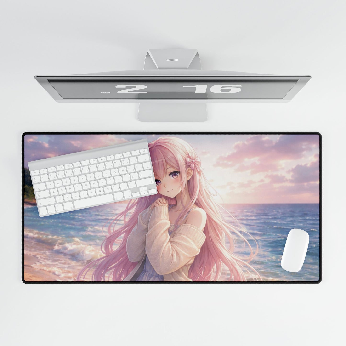 Anime Beach Girl Desk Mat — Pastel Pink Aesthetic Gaming Mousepad