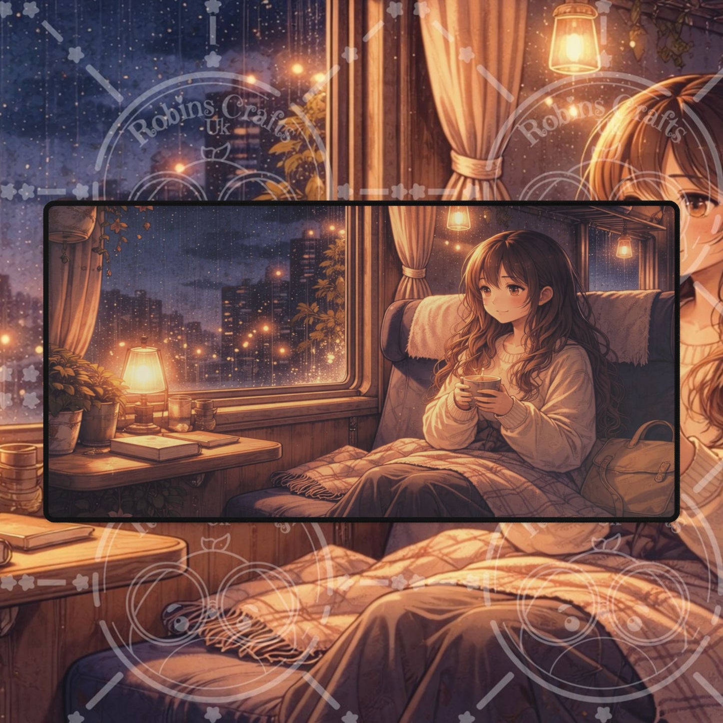 Cozy Night Train Anime Desk Mat — Girl by Window Gaming Mouse Pad
