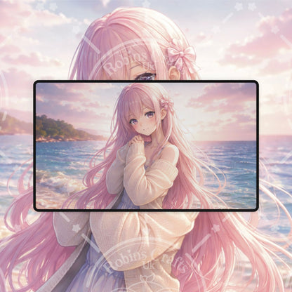 Anime Beach Girl Desk Mat — Pastel Pink Aesthetic Gaming Mousepad