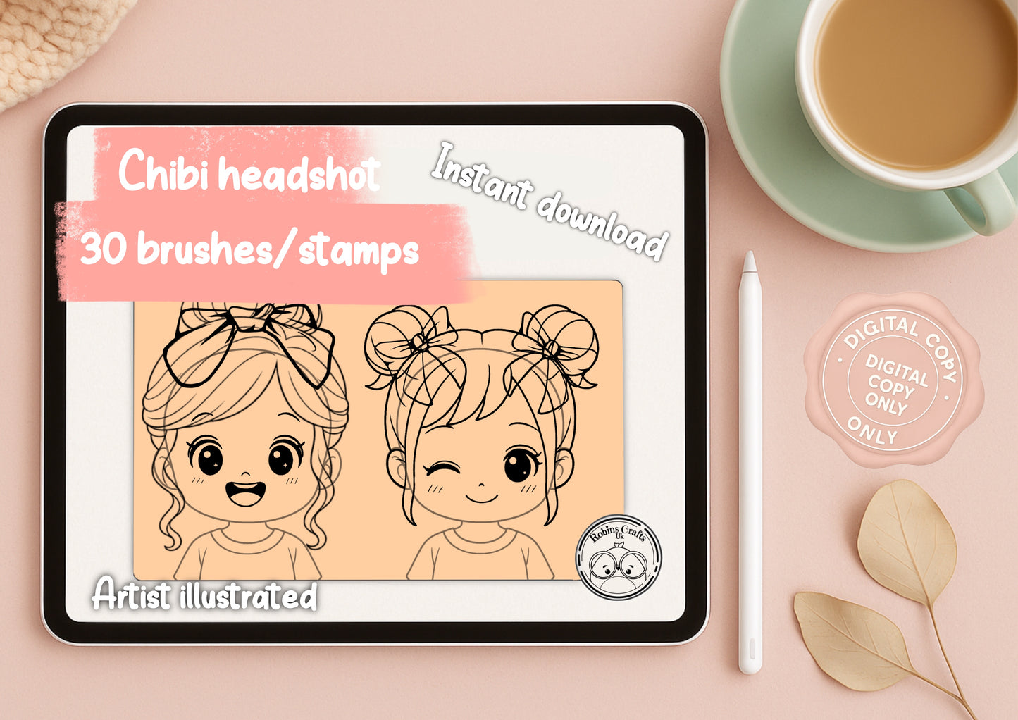 Chibi headshots stamps -30 chibi hair and accessories - kawaii - procreate stamps/brushes - digital use only - procreate