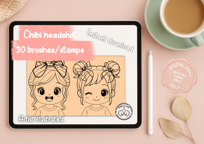 Chibi headshots stamps -30 chibi hair and accessories - kawaii - procreate stamps/brushes - digital use only - procreate