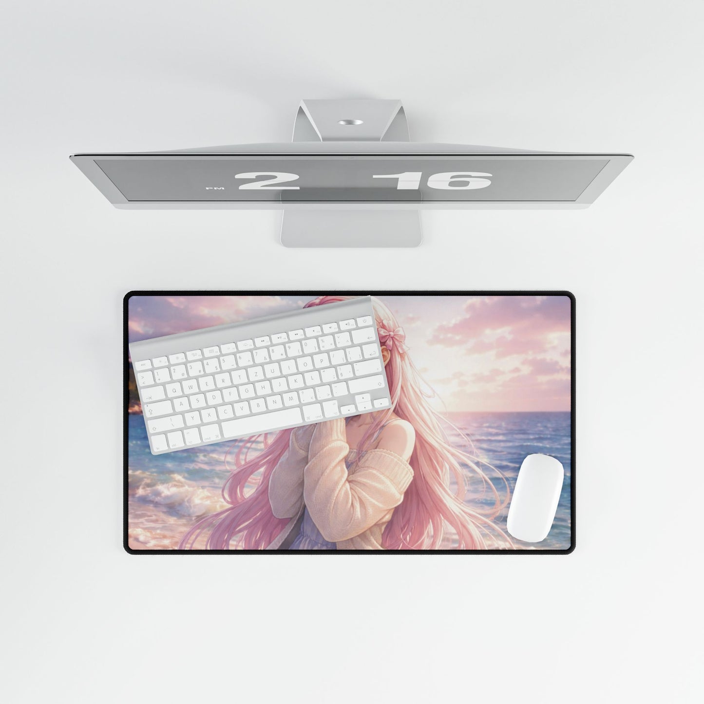 Anime Beach Girl Desk Mat — Pastel Pink Aesthetic Gaming Mousepad