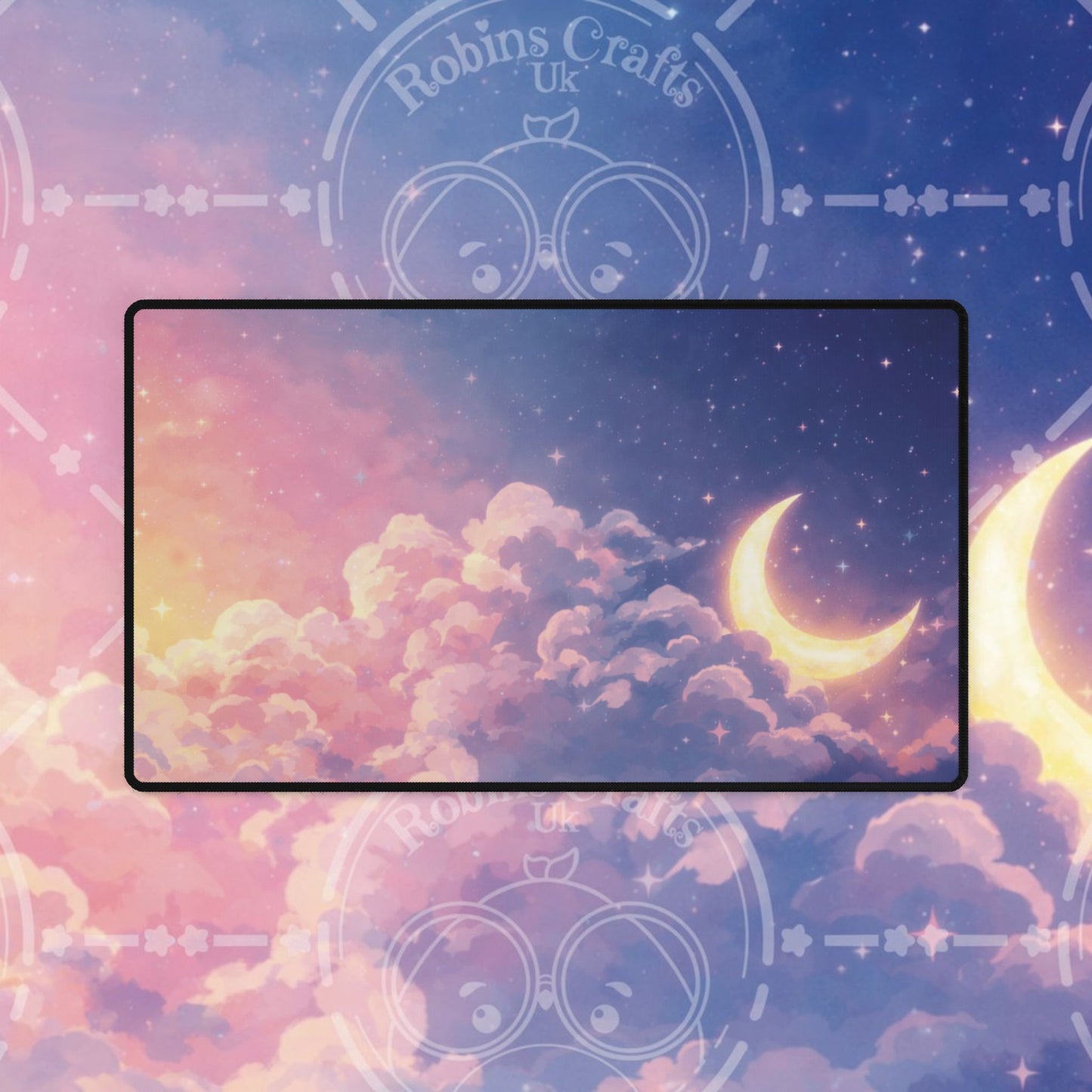 Celestial Moon & Clouds Desk Mat — Pastel Galaxy Gaming/Office Mouse Pad