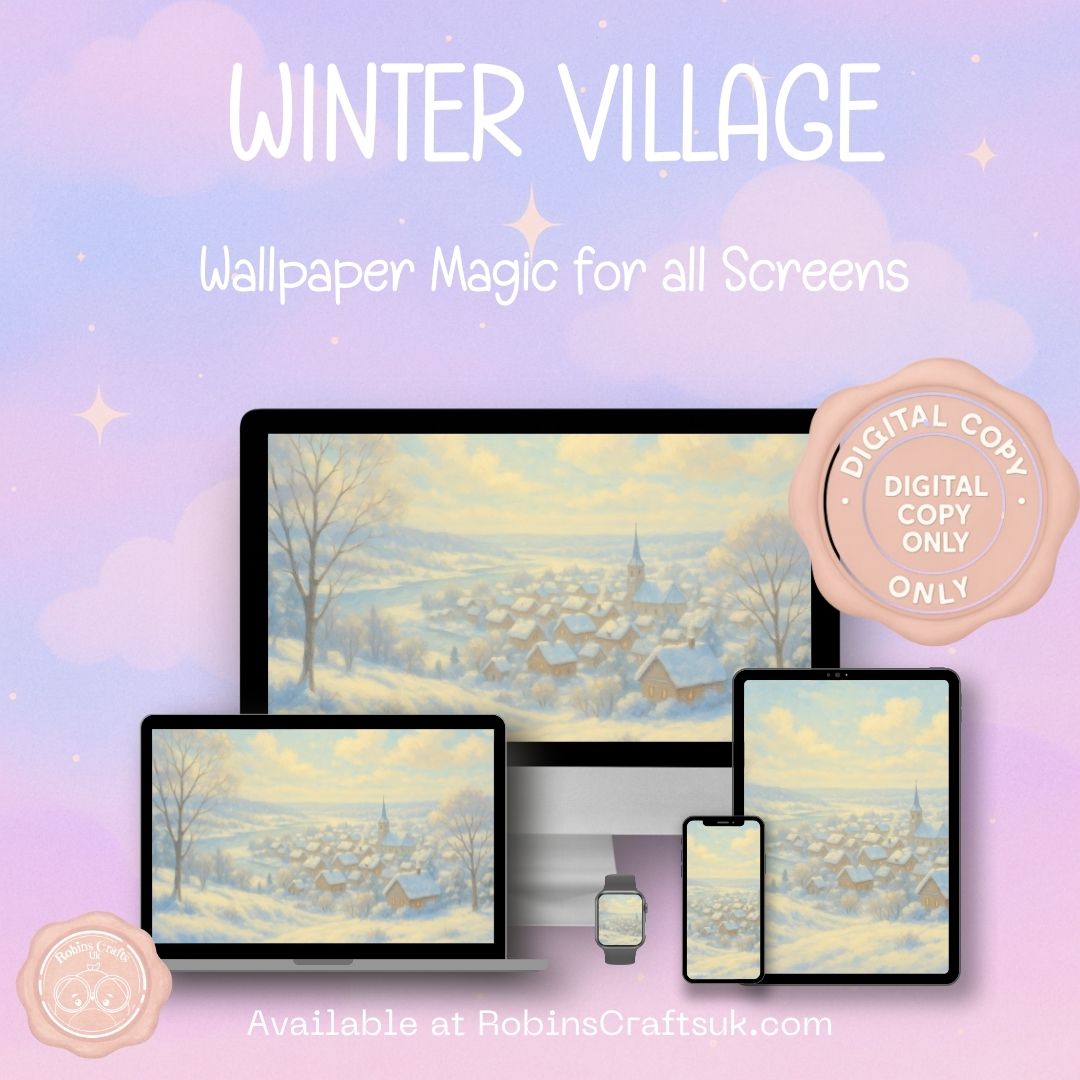 Winter village wallpaper – illustrated Digital Wallpaper Download | Art wallpaper