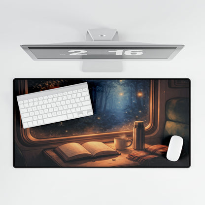 Cozy Night Train Desk Mat — Reading, Coffee & Window Scenery Mouse Pad