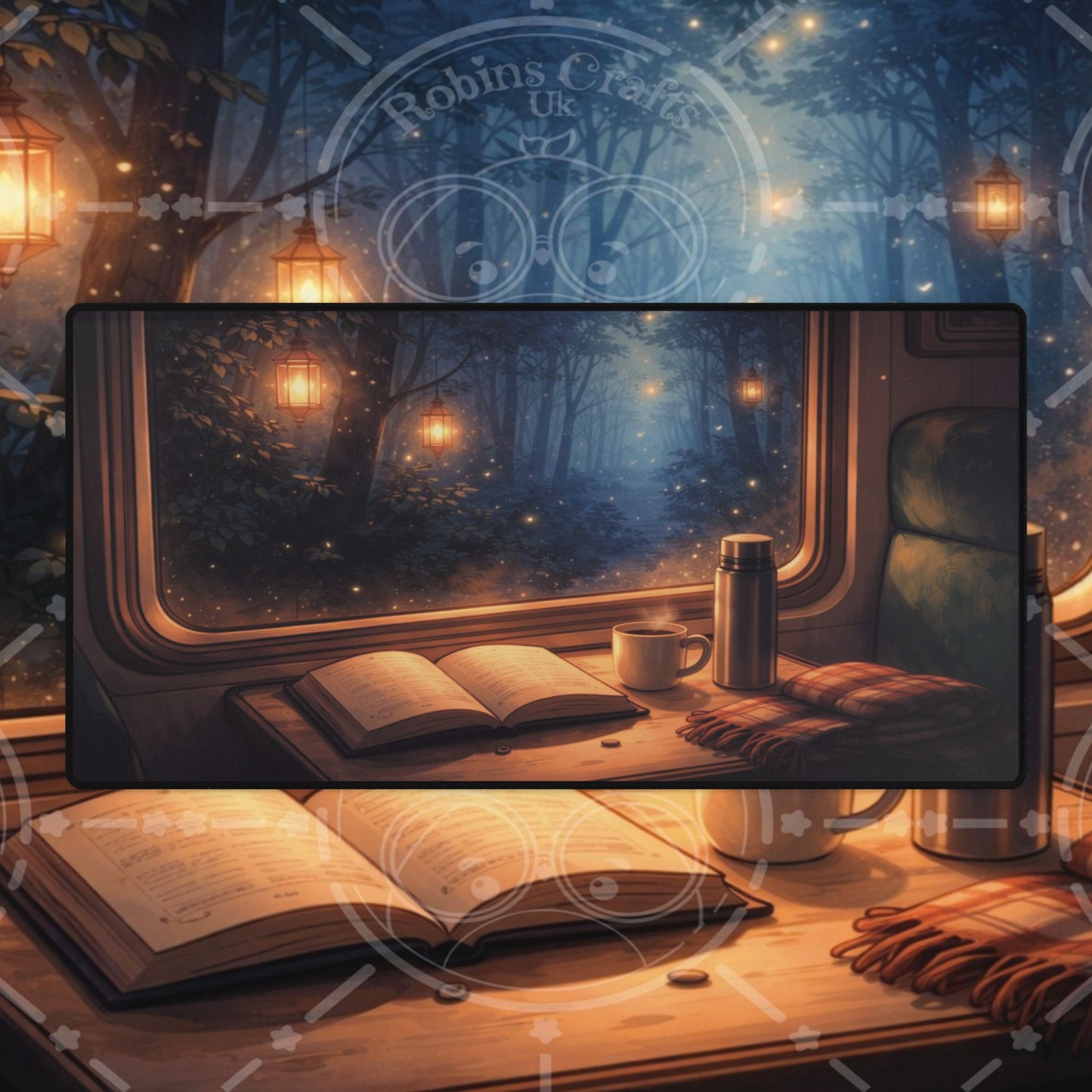 Cozy Night Train Desk Mat — Reading, Coffee & Window Scenery Mouse Pad