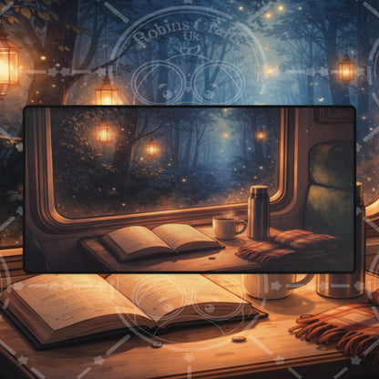 Cozy Night Train Desk Mat — Reading, Coffee & Window Scenery Mouse Pad