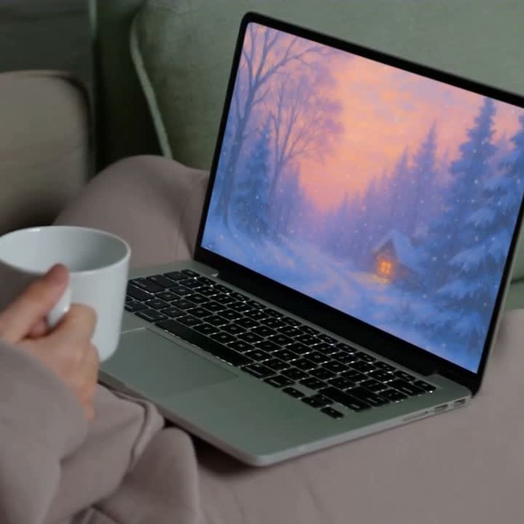 Winter cabin wallpaper – illustrated Digital Wallpaper Download | Art wallpaper