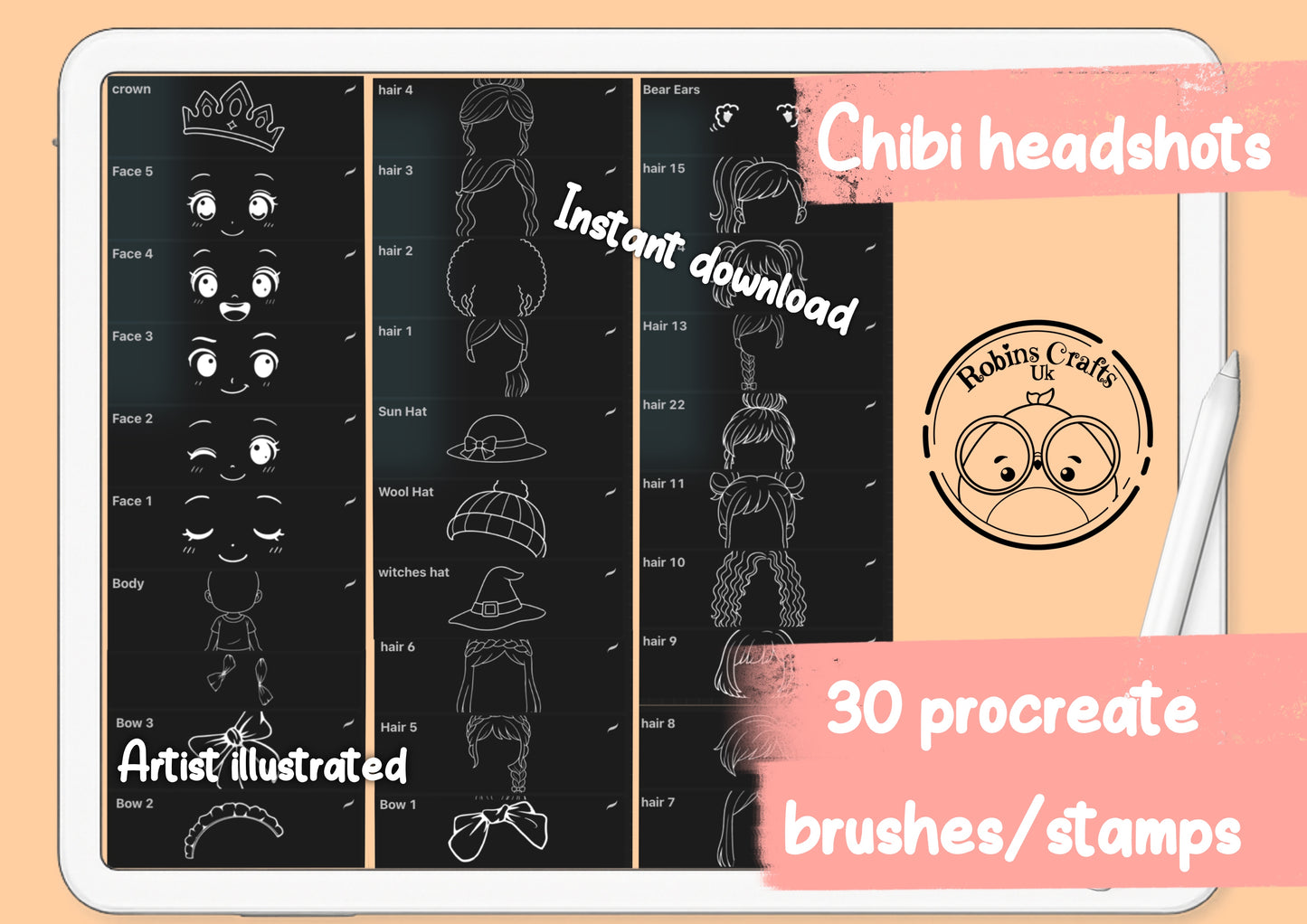 Chibi headshots stamps -30 chibi hair and accessories - kawaii - procreate stamps/brushes - digital use only - procreate