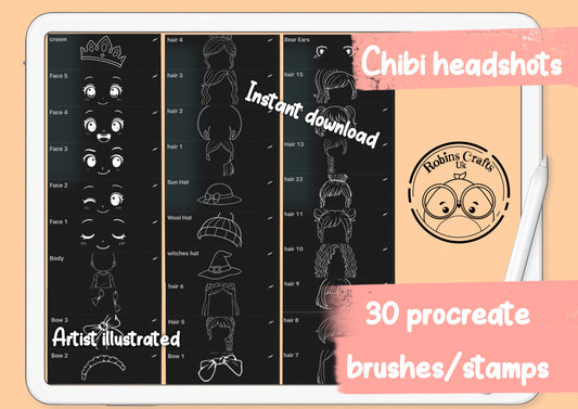Chibi headshots stamps -30 chibi hair and accessories - kawaii - procreate stamps/brushes - digital use only - procreate