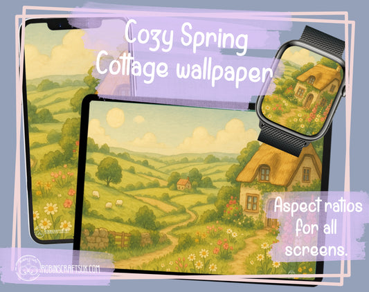 Cozy Spring Cottage Illustration – Floral Meadow & Farmhouse Wallpaper Watercolor Pastoral Scene