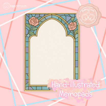 Stained Glass Rose Memo Pad –Tear-Away Notepad | Gothic Arch Stationery | Hand-Illustrated Aesthetic Paper