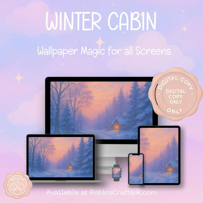Winter cabin wallpaper – illustrated Digital Wallpaper Download | Art wallpaper