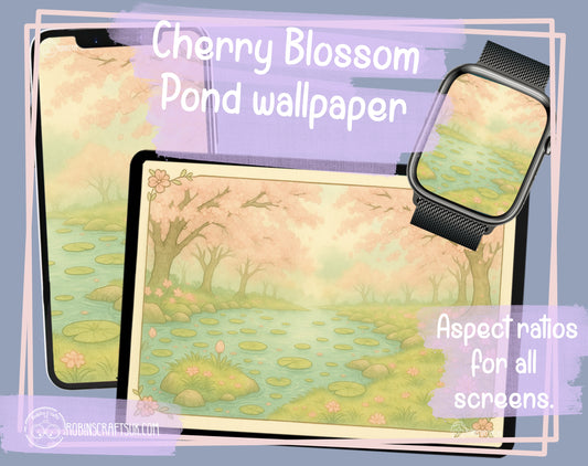 Cherry Blossom Pond – Pastel Sakura Landscape illustration wallpaper sakura tree art illustration watercolor nature fantasy