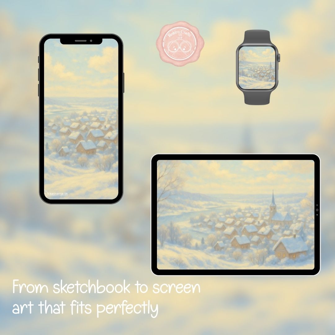 Winter village wallpaper – illustrated Digital Wallpaper Download | Art wallpaper
