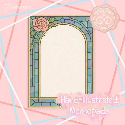 Stained Glass Rose Memo Pad –Tear-Away Notepad | Gothic Arch Stationery | Hand-Illustrated Aesthetic Paper